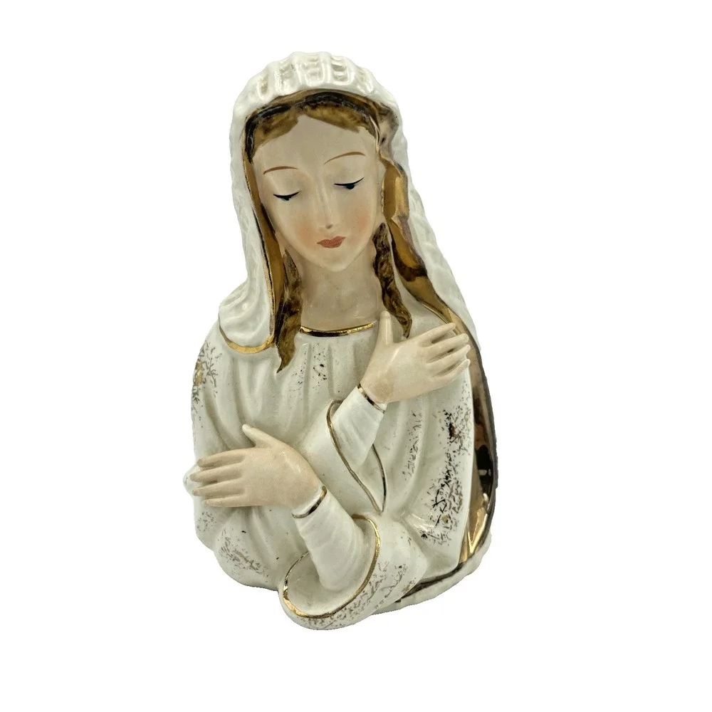Vintage Artmark Virgin Mary Statute Planter Vase Handpainted Gold Gild